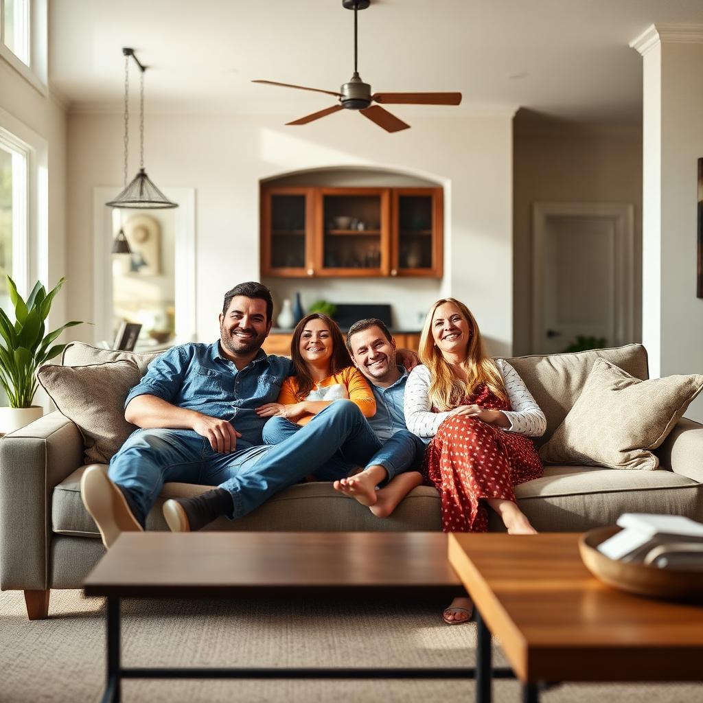 Family relaxing in a cool, comfortable Texas living room